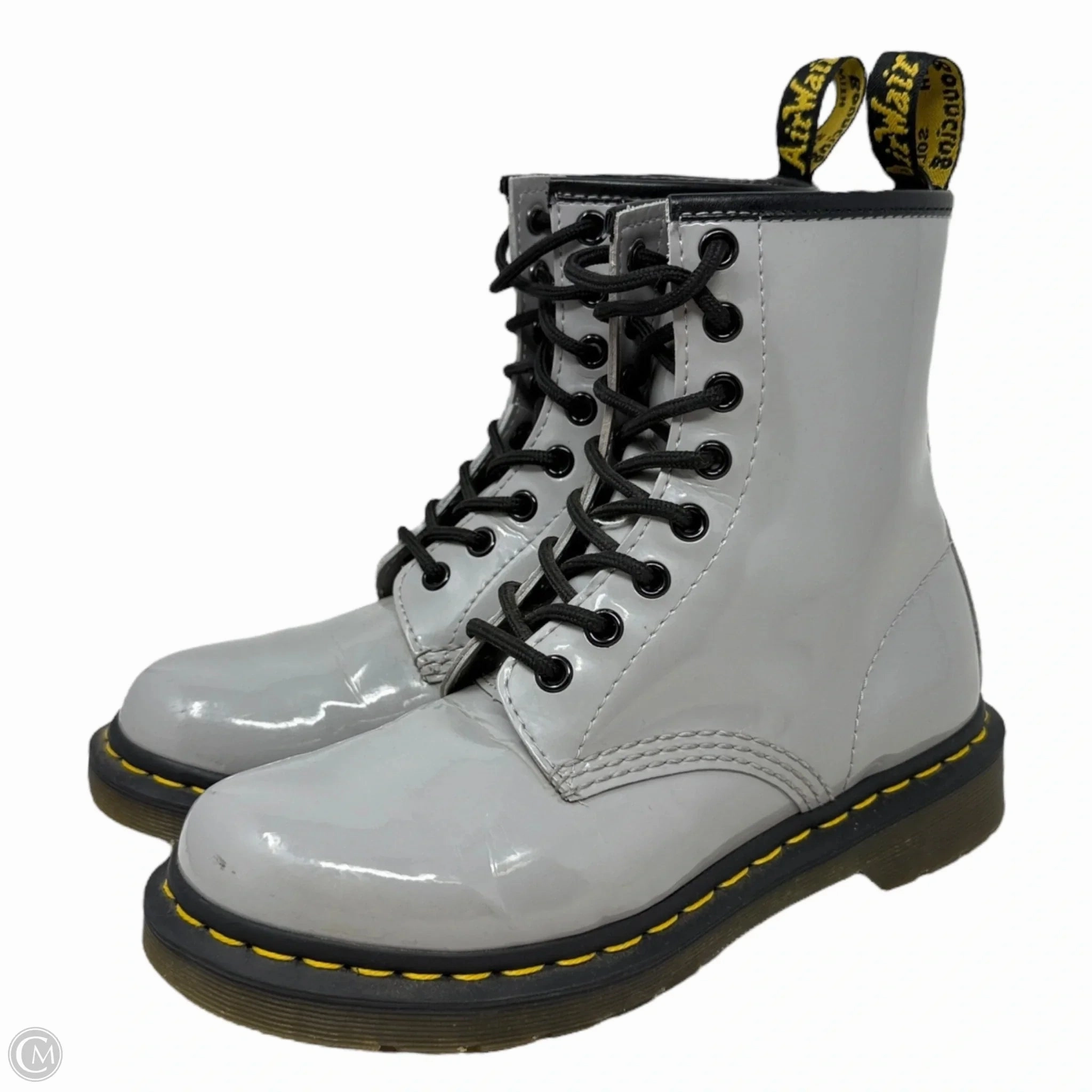 Combat Boots On The Runway 1460 Patent Lamper Boots By Dr Martens In Grey, Size: 6