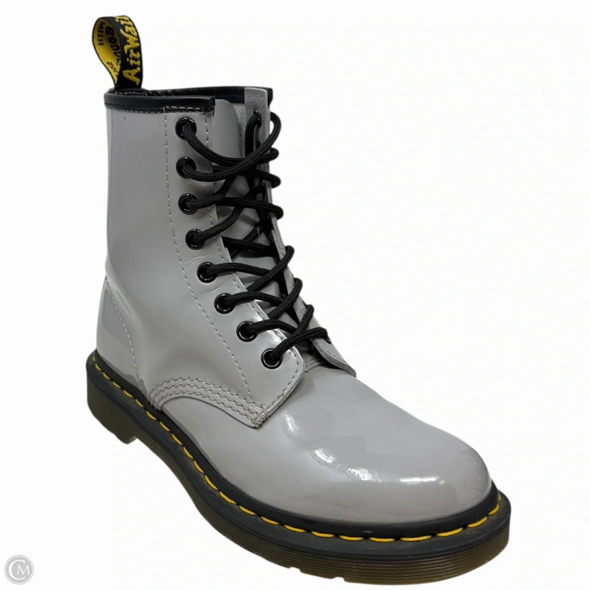 Curves And Combat Boots 1460 Patent Lamper Boots By Dr Martens In Grey, Size: 6