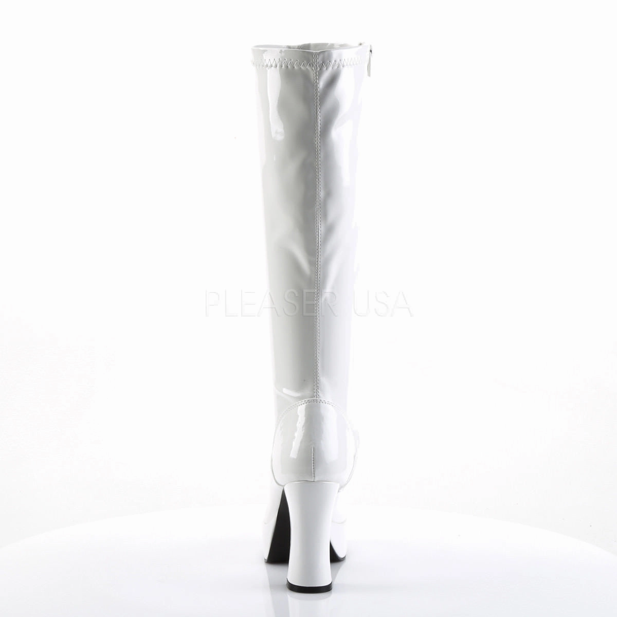 Padlock Knee High Boots 4 Inch Heel EXOTICA-2000 White Stretch Patent