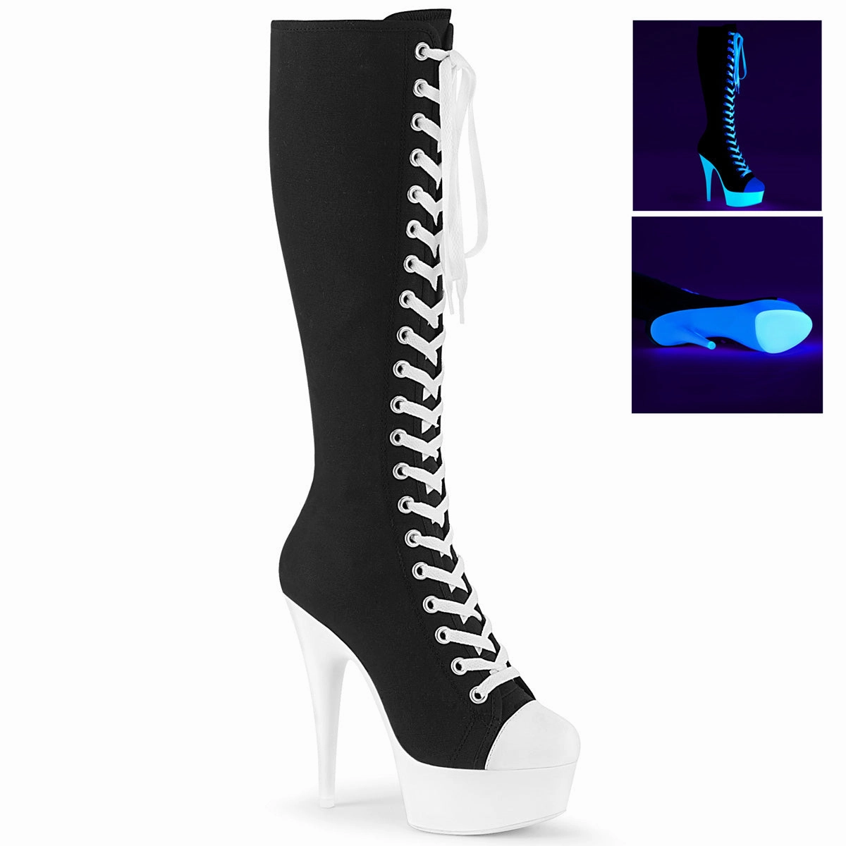 Knee High Boots Trendy 6 Inch Heel DELIGHT-2000SK-02 Black Canvas Neon White