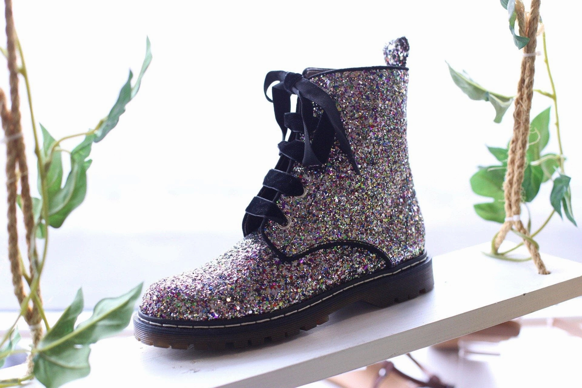 Combat Boota 'Billie' vegan combat boots by Zette Shoes - Silver/Multicolour Glitter
