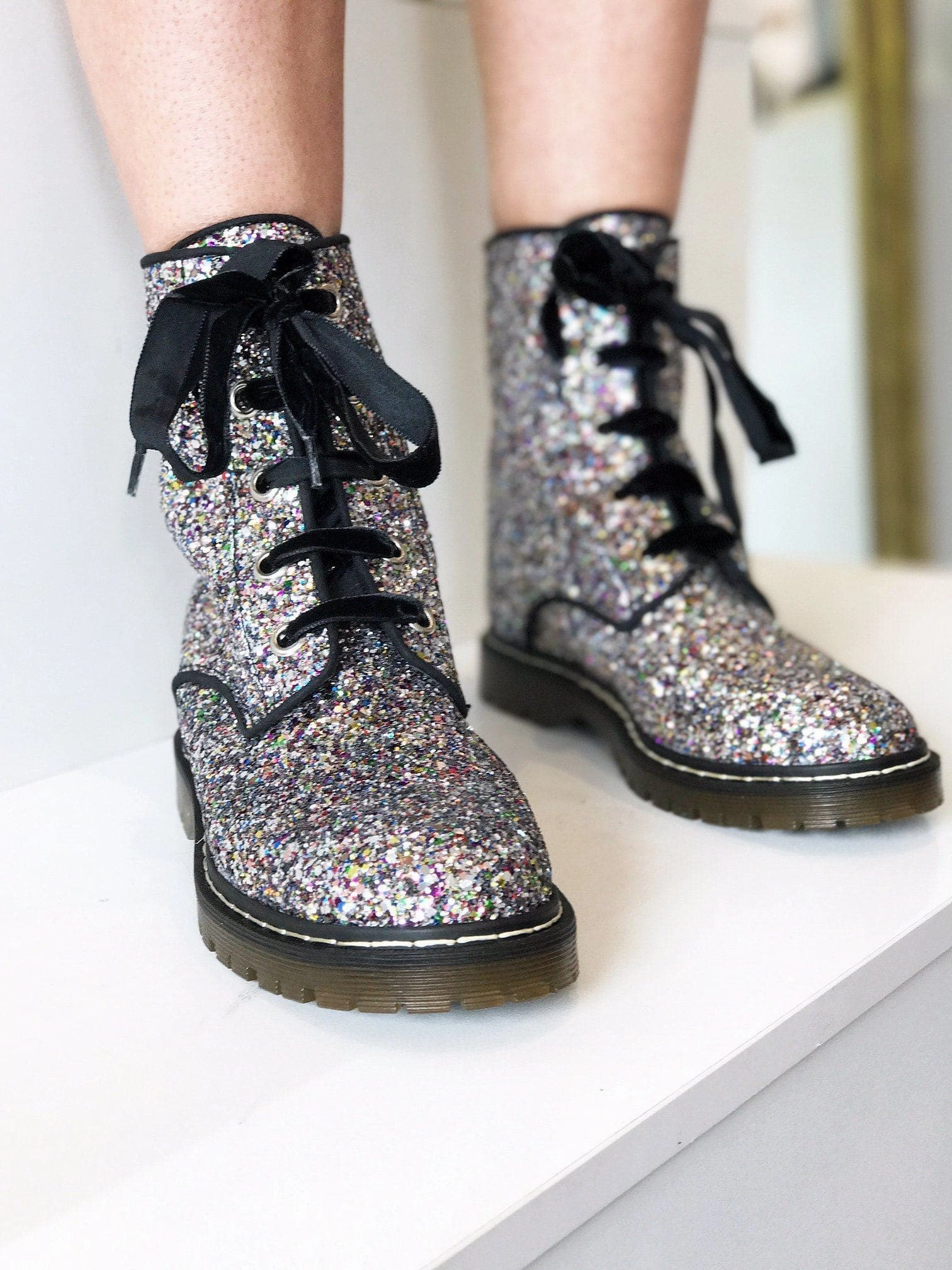 'Billie' vegan combat boots by Zette Shoes - Silver/Multicolour Glitter Combat Boots Online