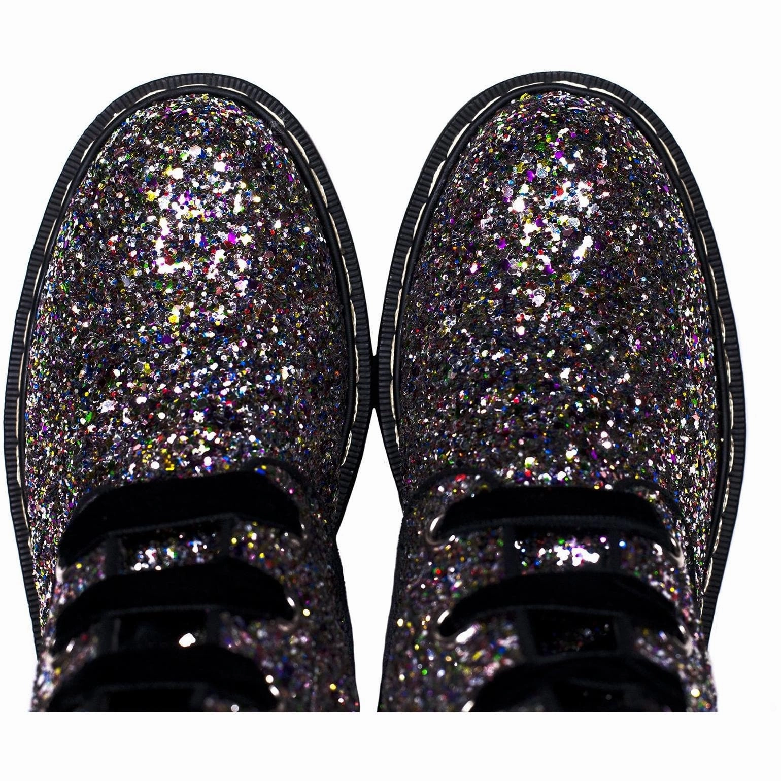 'Billie' vegan combat boots by Zette Shoes - Silver/Multicolour Glitter Boots Combat Fashion