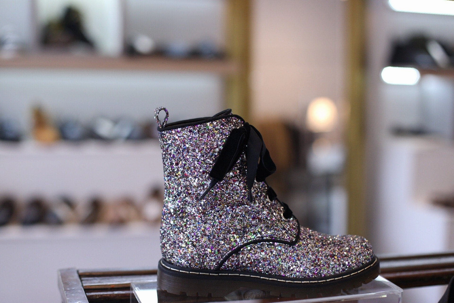 Dinosaur Combat Boots 'Billie' vegan combat boots by Zette Shoes - Silver/Multicolour Glitter