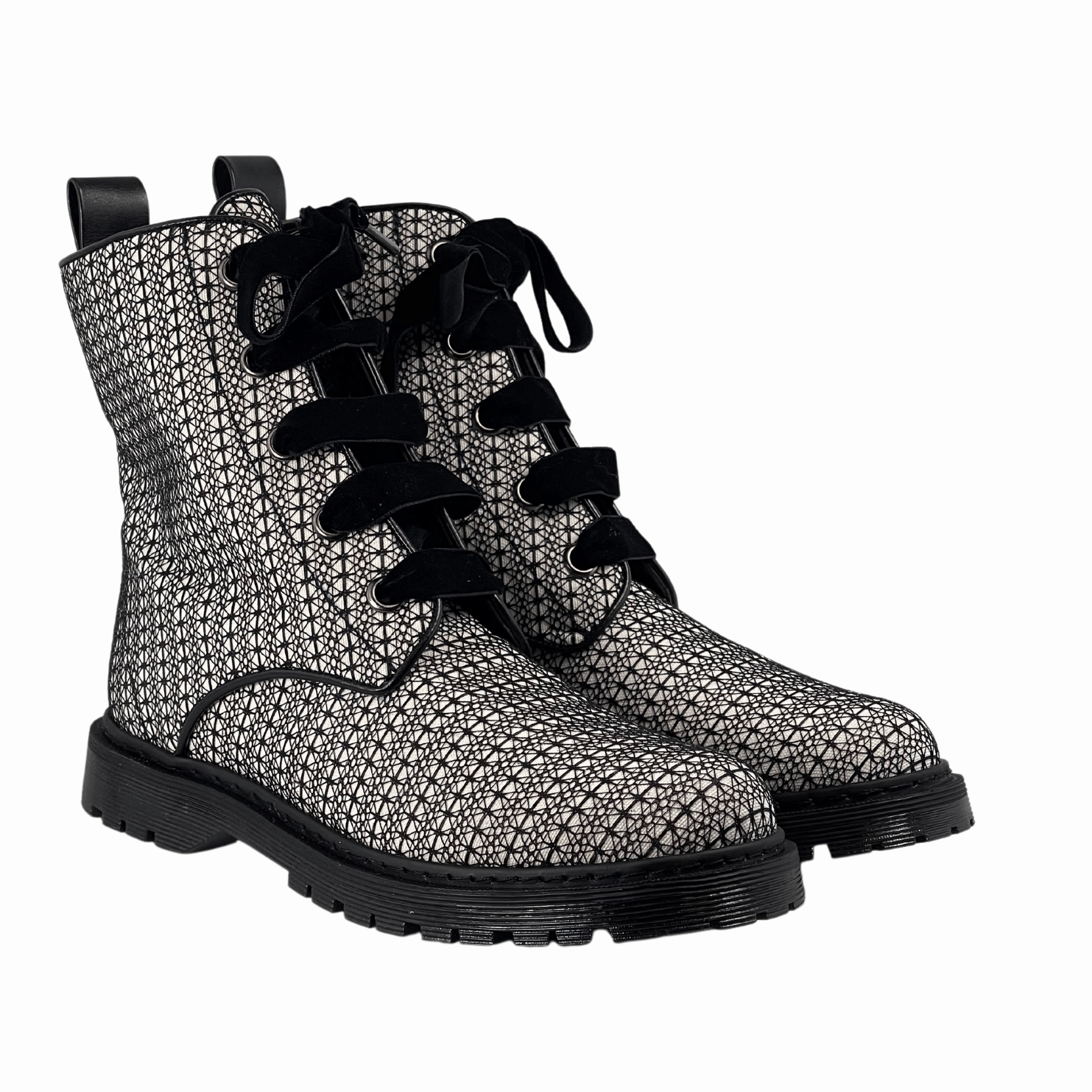 Calf Hair Combat Boot 'Billie' vegan combat boots by Zette Shoes - white with black lace