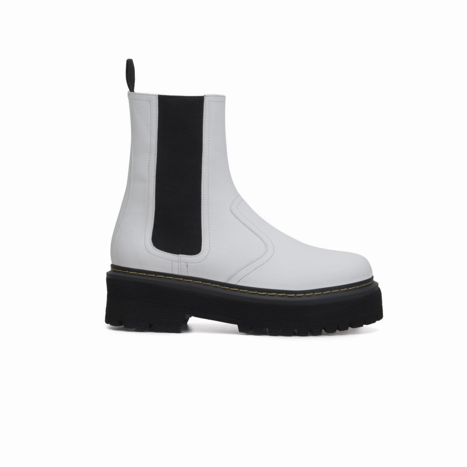 'Emma' white vegan-leather chelsea boot with stacked sole by Zette Shoes Monogram Combat Boots