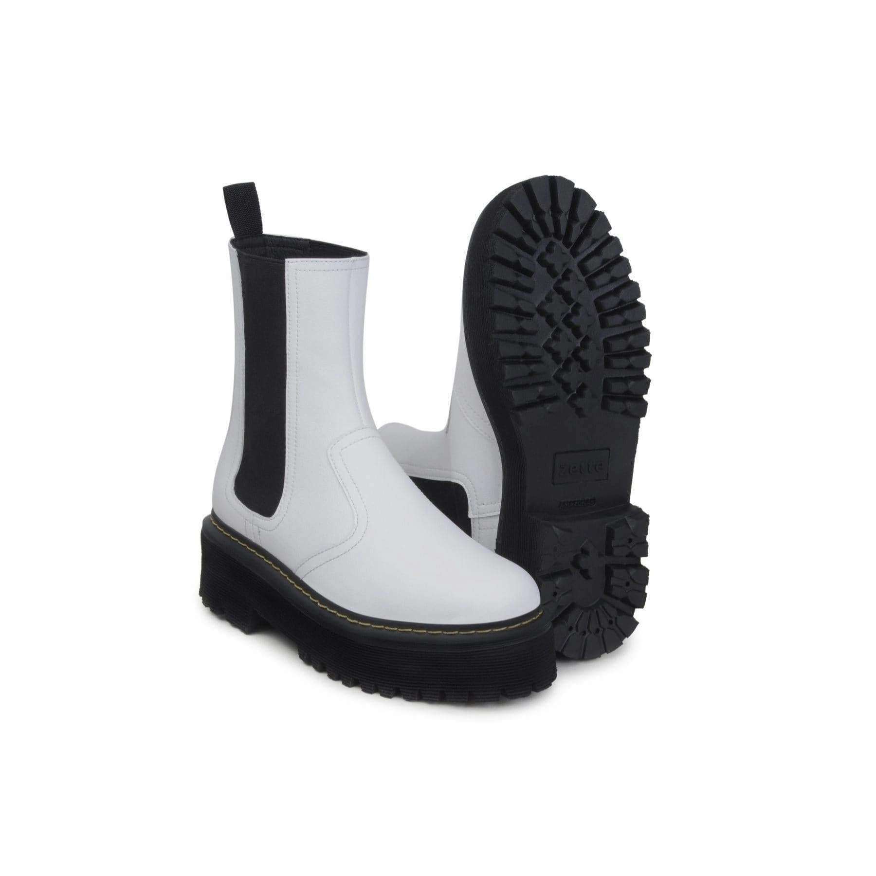 'Emma' white vegan-leather chelsea boot with stacked sole by Zette Shoes Aiden Patent Leather Combat Boots