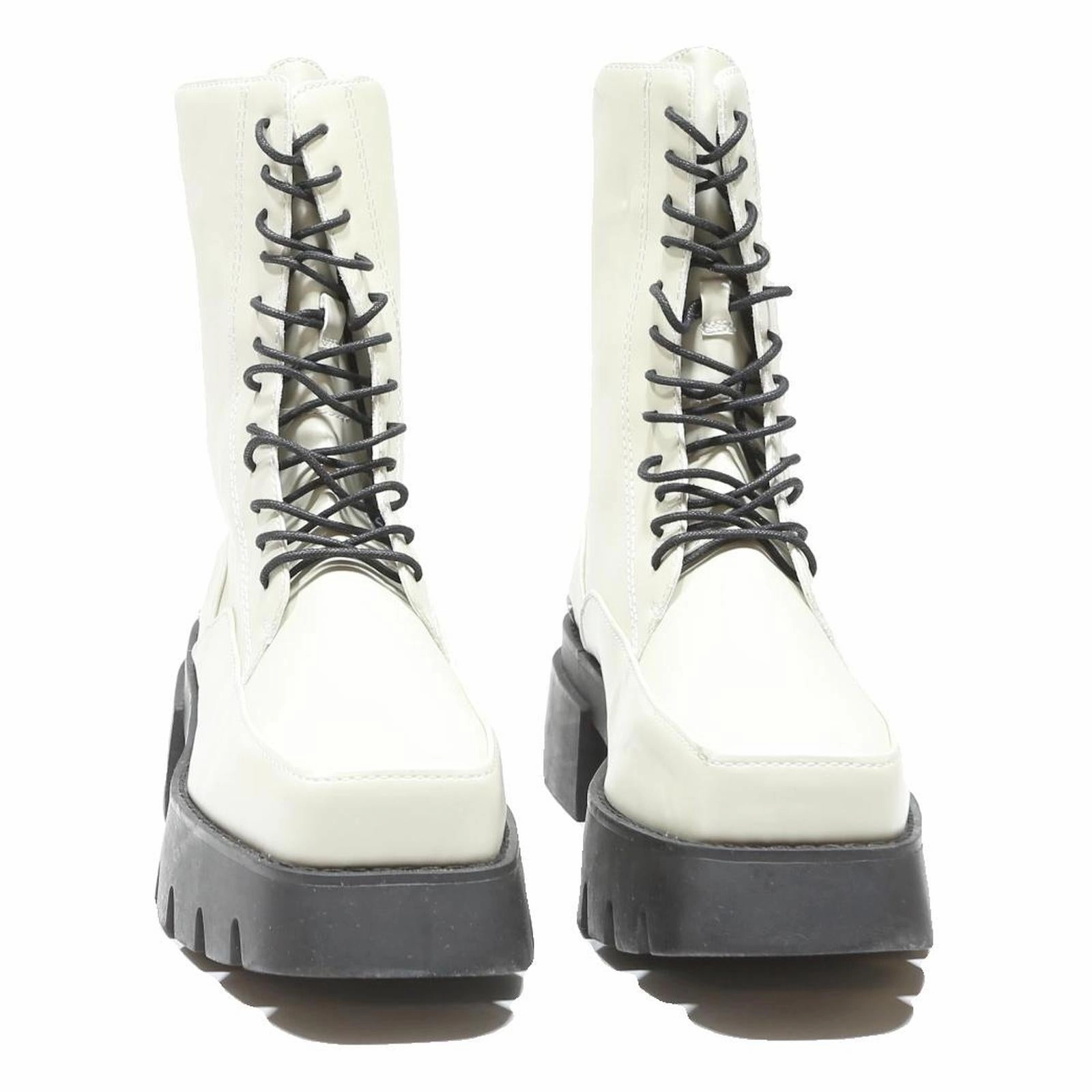 Cleated Chelsea Boots CHARLES & KEITH Women Lace-Up White Leather Ankle Boots UK 4 Chunky Sole