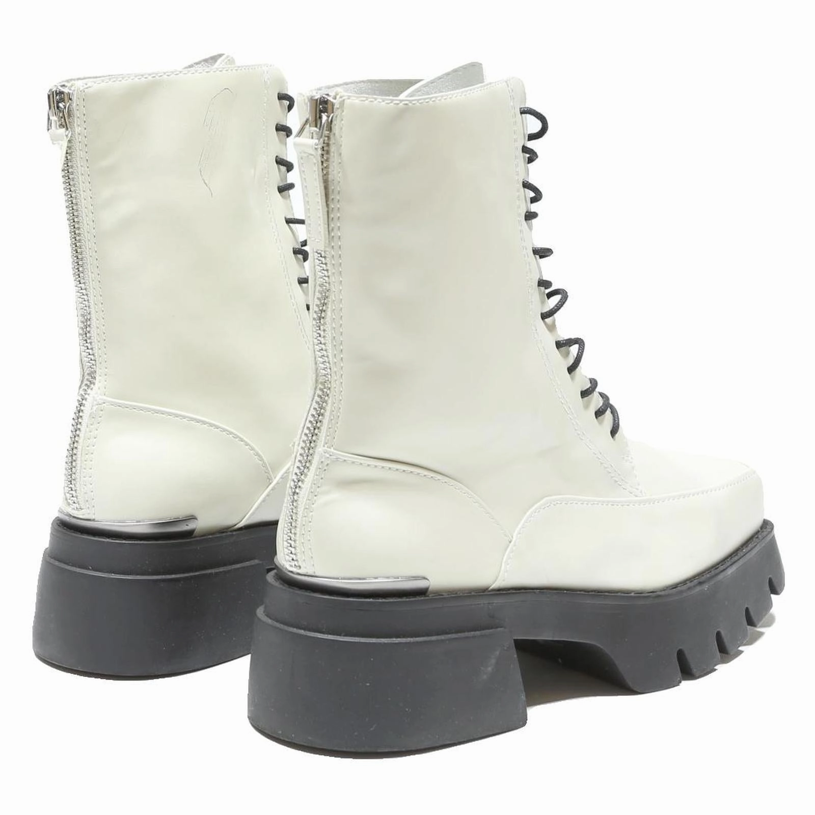 CHARLES & KEITH Women Lace-Up White Leather Ankle Boots UK 4 Chunky Sole Macys Chelsea Boots