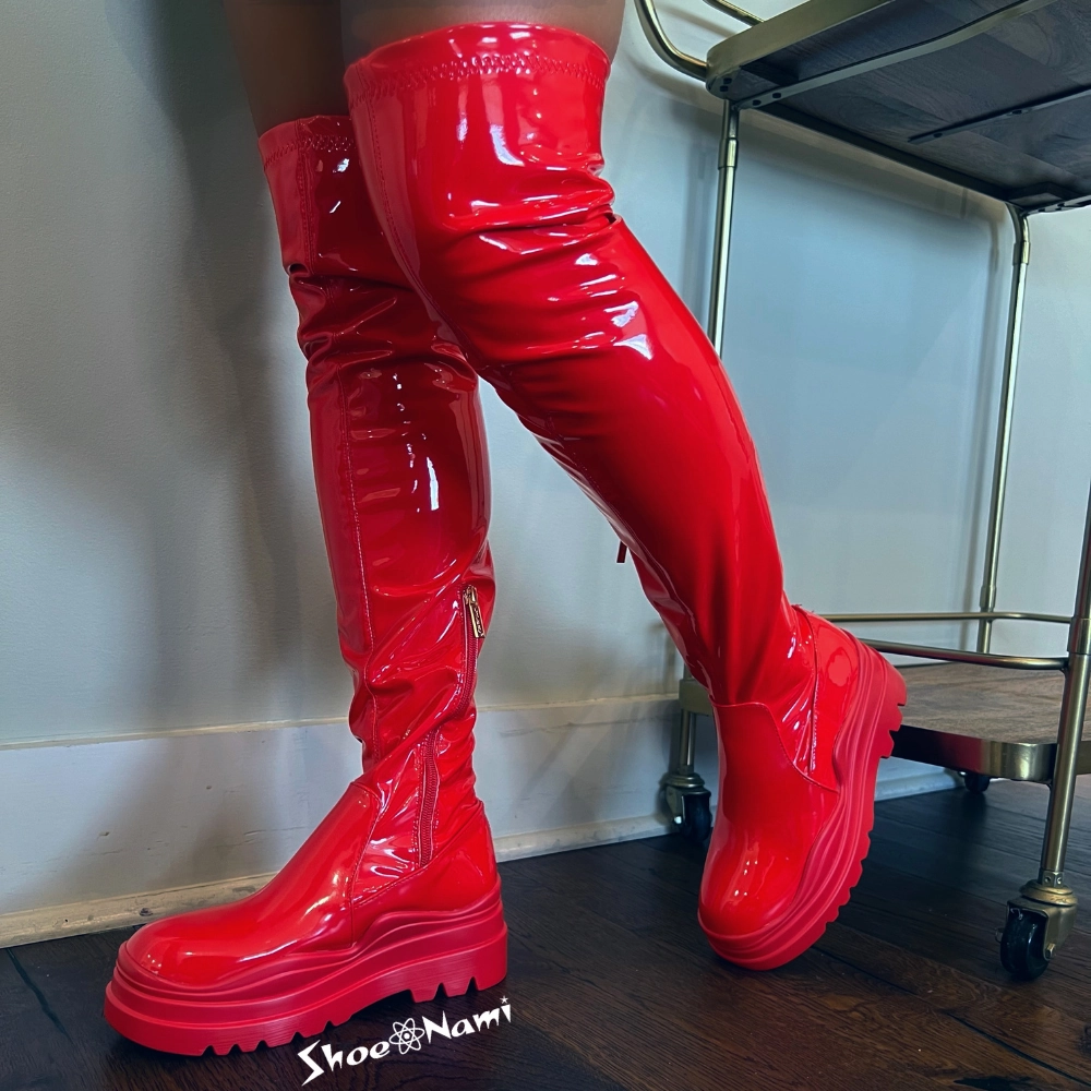 CITY-2 Red Patent Chunky Knee High Boots With Wide Calves