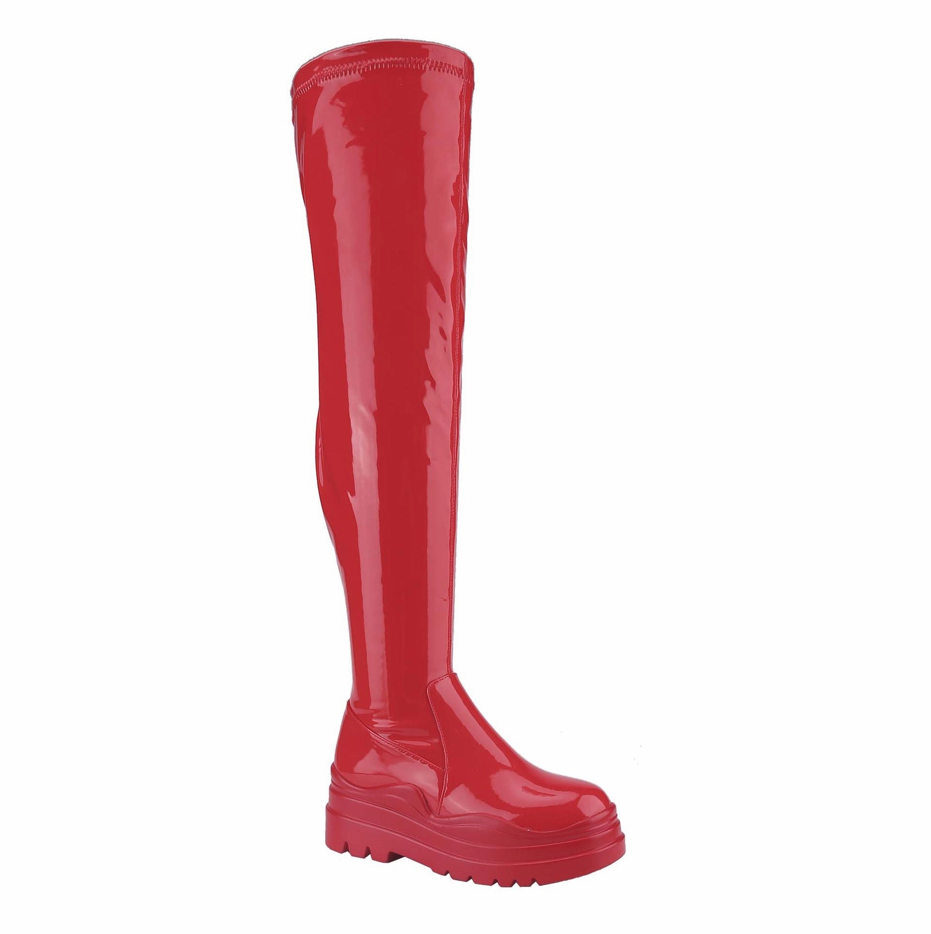 Brown Platform Knee High Boots CITY-2 Red Patent