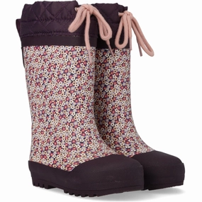 Angulus Flowers/Aubergine Rubber Boot Med Woolfor Heel Boots Knee High