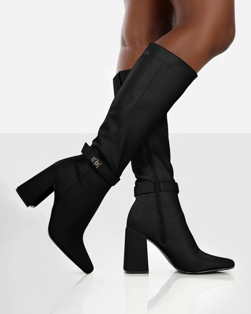 Apologetic Black Pu Knee High Block Heel Boots Stylish Work Boots
