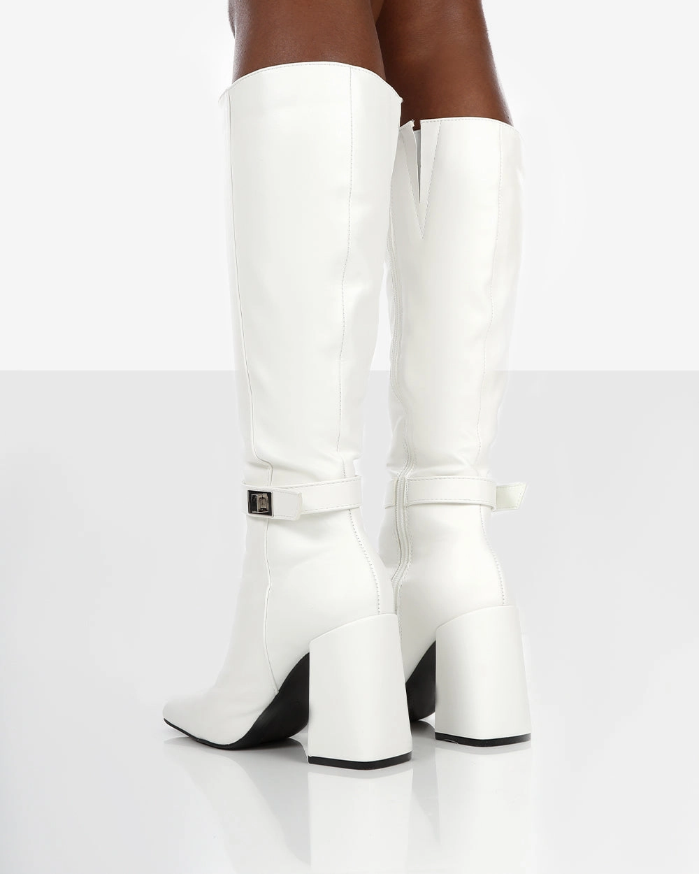 Apologetic White Pu Knee High Block Heel Boots Wide Calf High Knee Boots