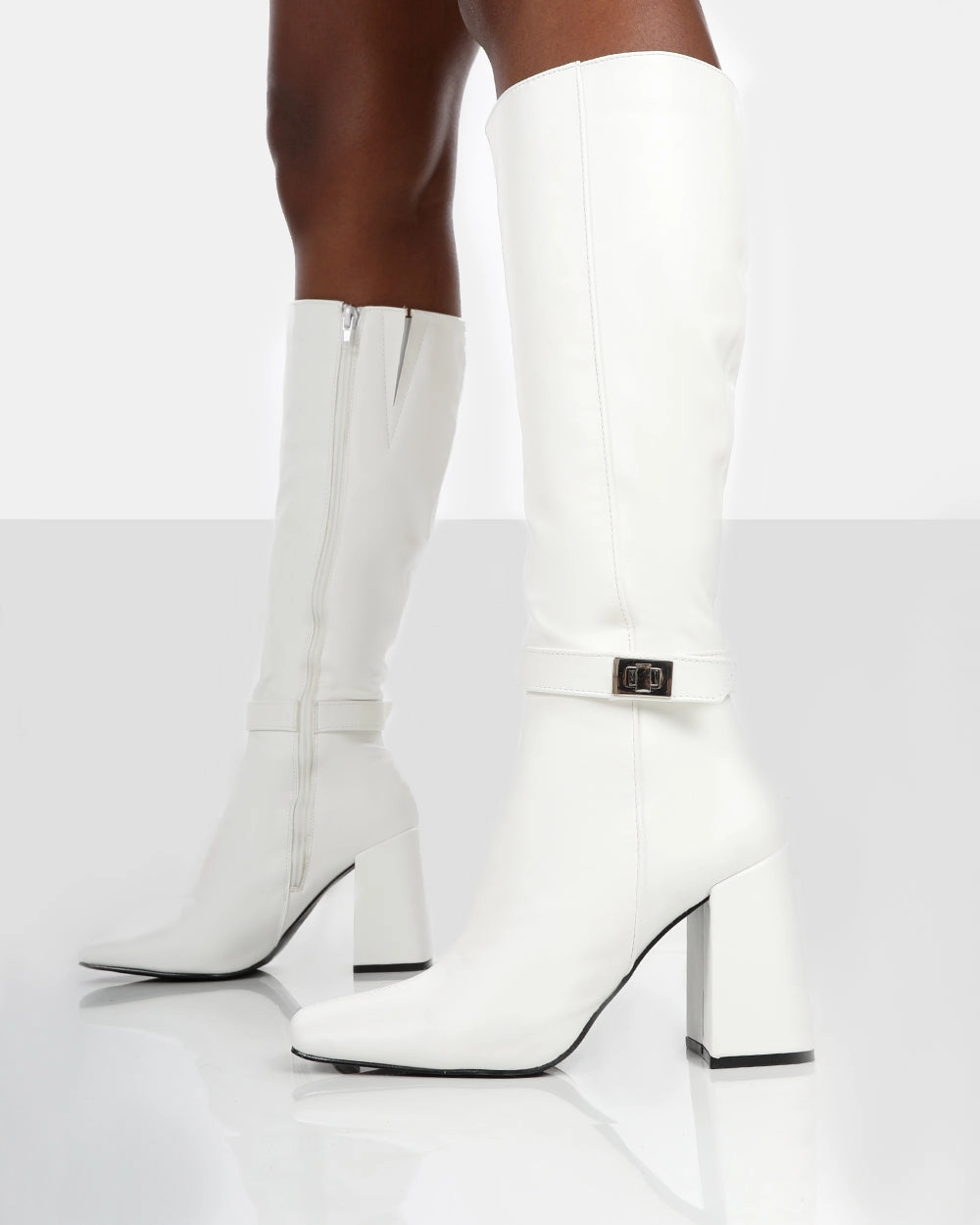 Knee High Apologetic White Pu Knee High Block Heel Boots