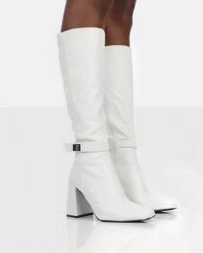 Leather Knee High Boots No Heel Apologetic White Pu Knee High Block Heel Boots