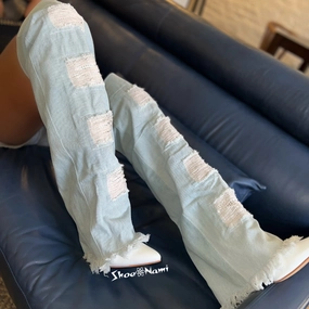 Simple Knee High Boots CUBININ White/Denim