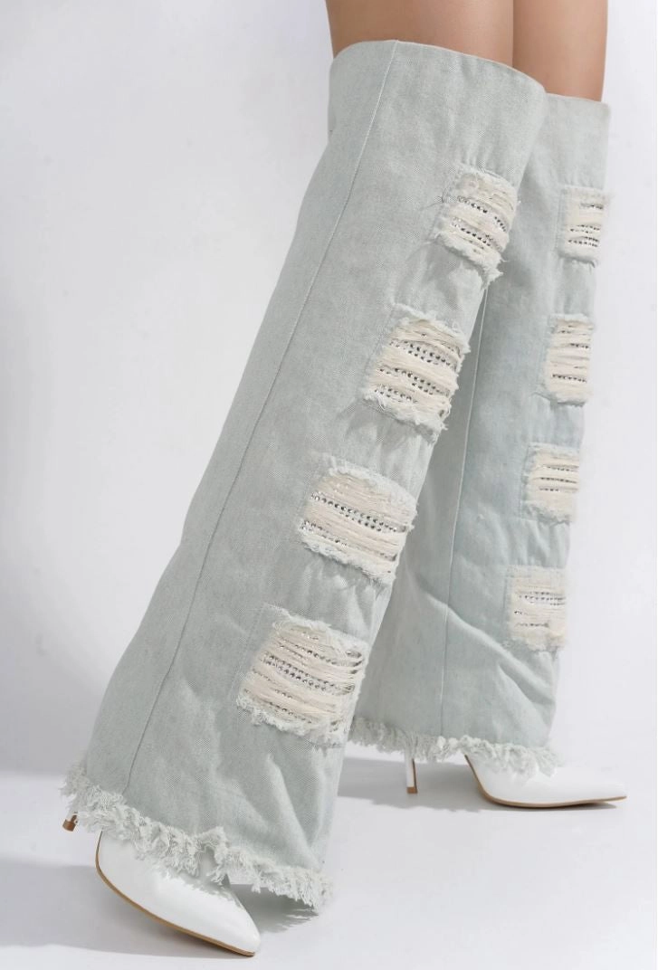 Cowboy Knee High Boots CUBININ White/Denim