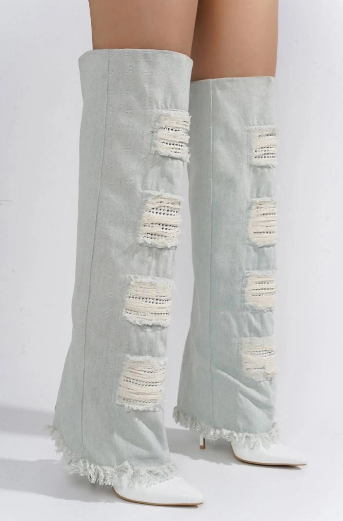 CUBININ White/Denim Leather Knee High Boots Platform