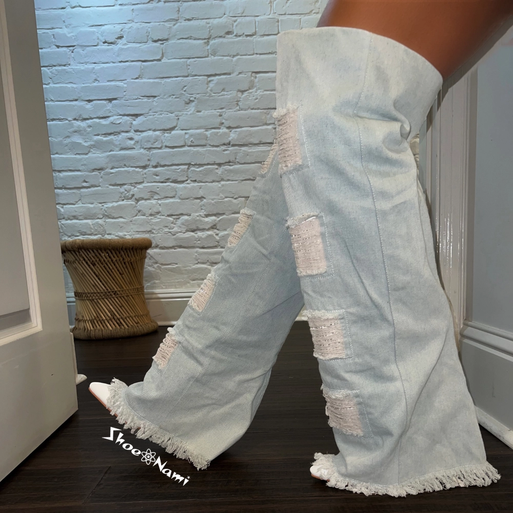 Wide Toe Knee High Boots CUBININ White/Denim
