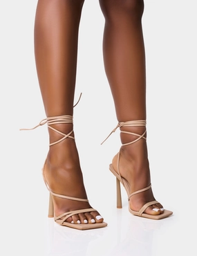 Bad Gal Nude Strappy Lace Up Square Toe Heels Satin High Heel Shoes
