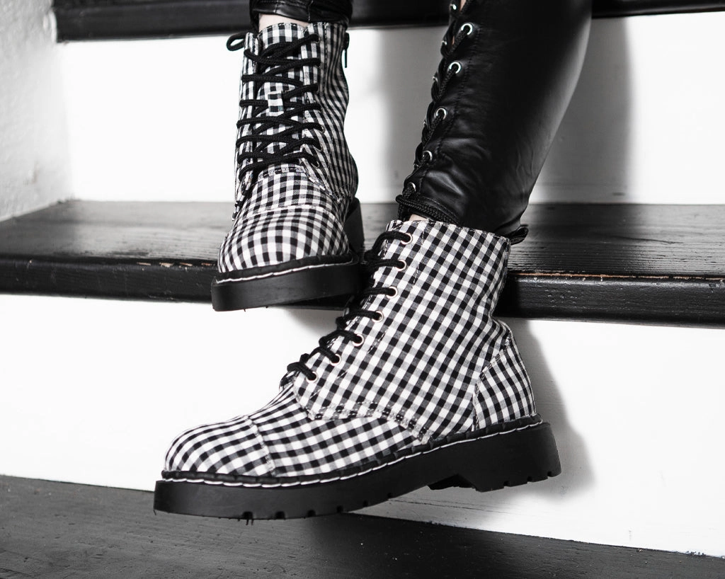 Black & White Gingham 7-Eye Anarchic Boot War Combat Boots