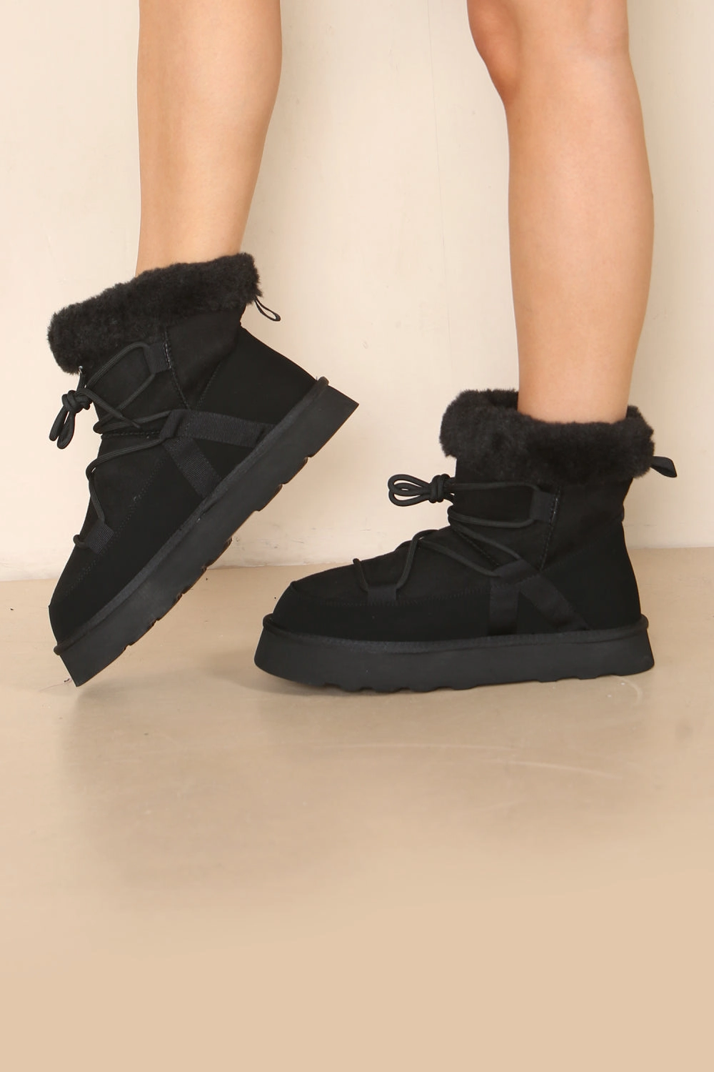 Kalkal Boots Black Chunky Ankle Snow Winter Biker Boots with Lace Detail