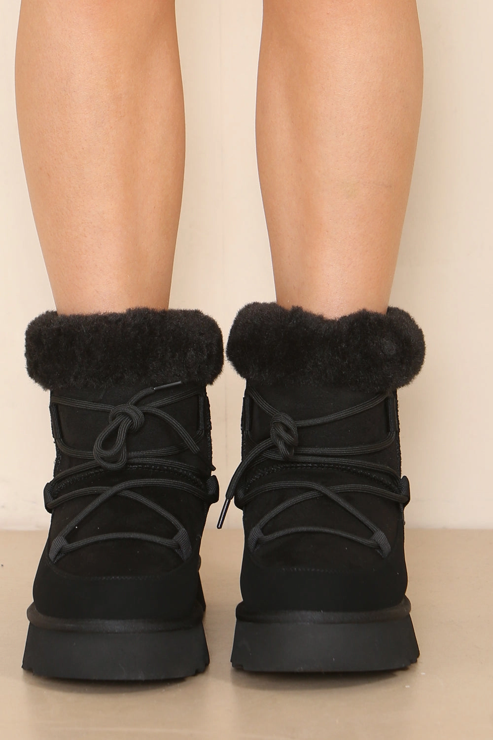 Monk Strap Boots Black Chunky Ankle Snow Winter Biker Boots with Lace Detail