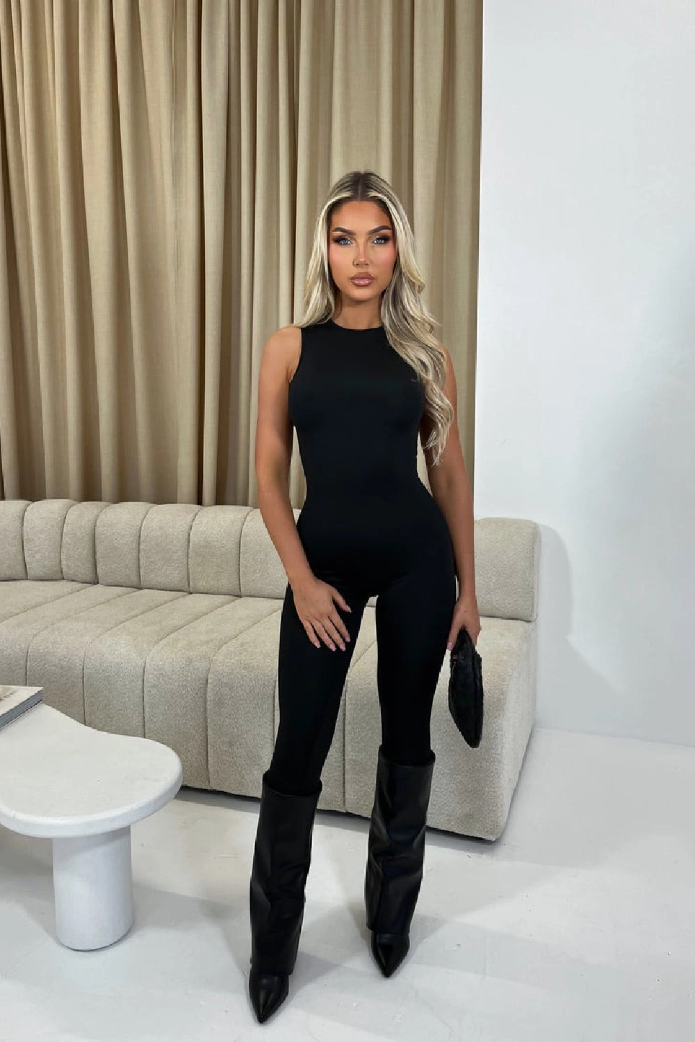 Fur Lined Winter Boots BLACK FOLD OVER BLOCK HEEL KNEE HIGH SHARK BOOTS