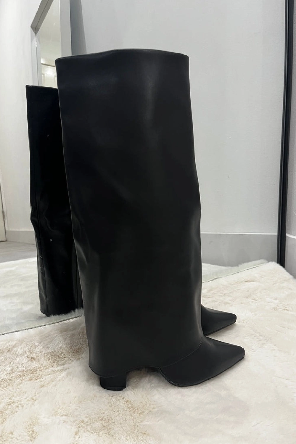 Shop Boots Deals BLACK FOLD OVER BLOCK HEEL KNEE HIGH SHARK BOOTS