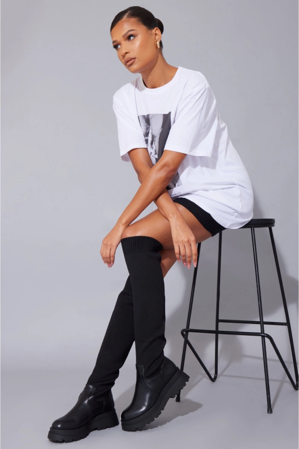 BLACK PU CHUNKY PLATFORM OVER THE KNEE KNITTED SOCK BOOTS (PACK B) Boots On The Ground Dance