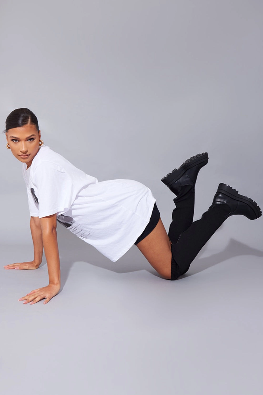 Slouch Boots Low Heel BLACK PU CHUNKY PLATFORM OVER THE KNEE KNITTED SOCK BOOTS