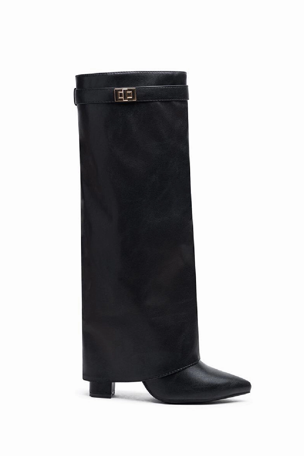 BLACK PU FOLD OVER BUCKLE DETAIL FULL INSIDE ZIP BLOCK HEEL KNEE HIGH SHARK BOOTS (PACK B) Giselle Square Toe Knee High Boots