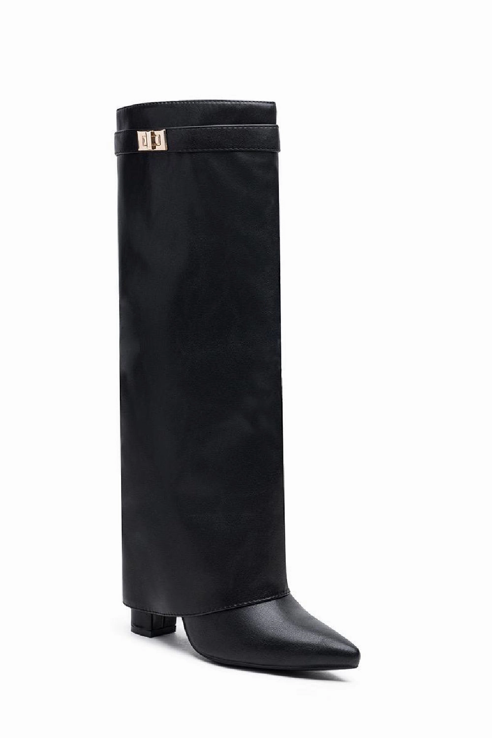 Wedge Heel Boots BLACK PU FOLD OVER BUCKLE DETAIL FULL INSIDE ZIP BLOCK HEEL KNEE HIGH SHARK BOOTS