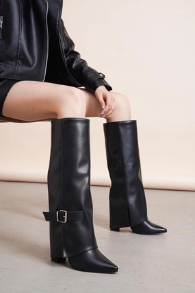Extra Wide Snow Boots BLACK PU FOLDED OVER BLOCK HEEL BUCKLE DETAIL KNEE HIGH BOOTS