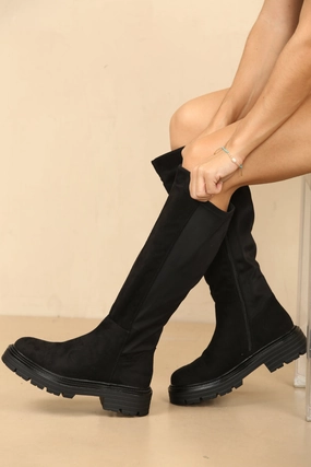 Black Suede Chunky Calf Stretch Knee High Boot (PACK A) Knee High Flat Boots Wide Calf