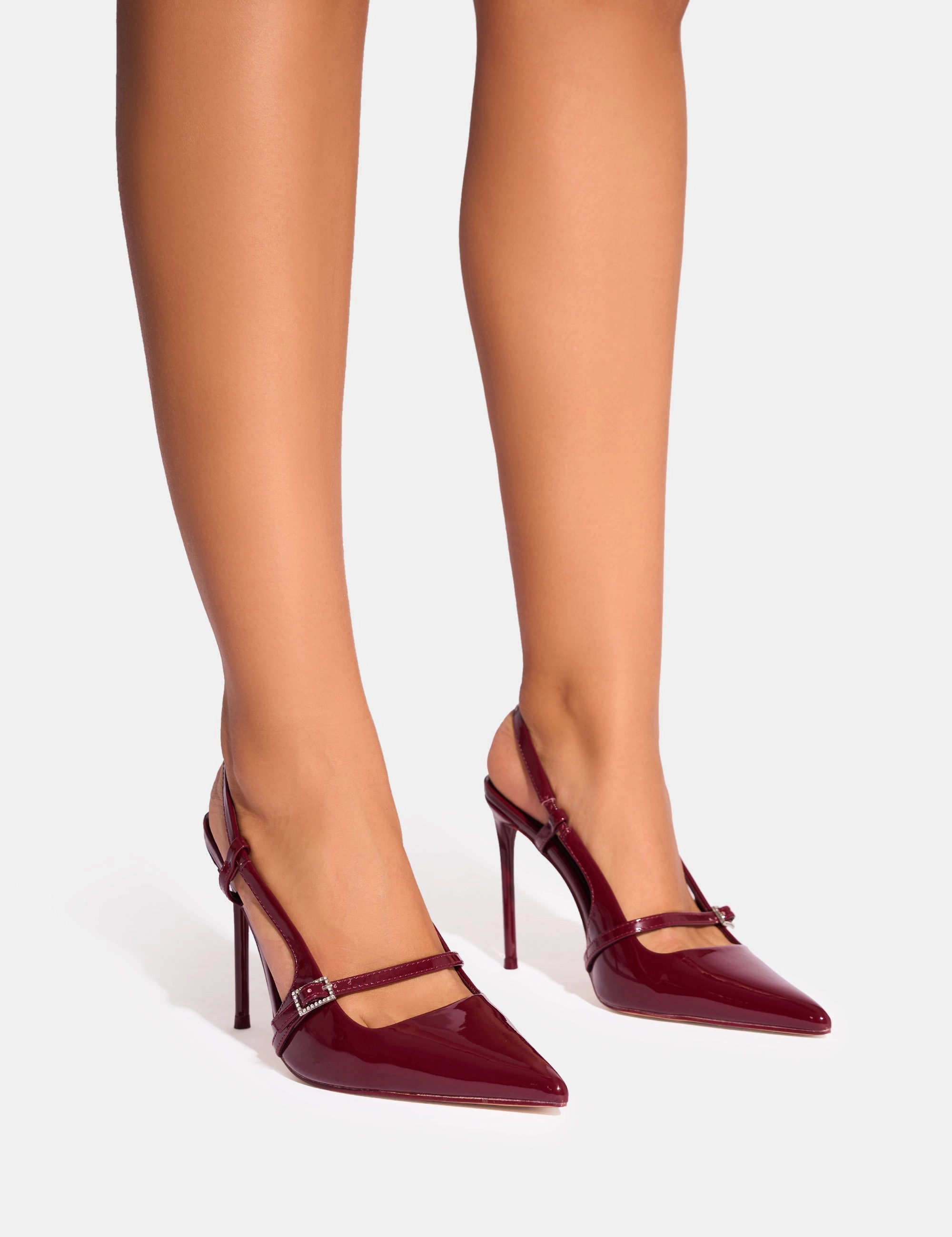 Forget Me Not Burgundy Embellished Buckle Detail Sling Back Court Heels High Heels And Shoes