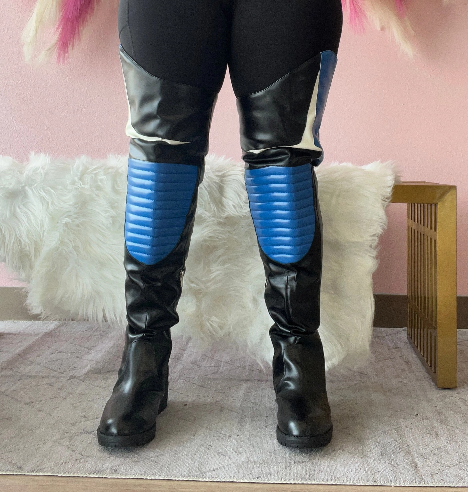 NORRIS-1 Blue/Black Faux Leather Over Knee Moto Boot  - Motorcycle Styling Detail Knee High Women Boots