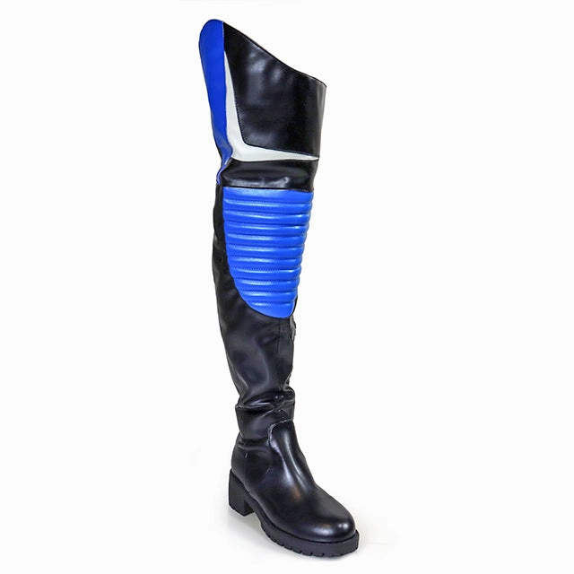 NORRIS-1 Blue/Black Faux Leather Over Knee Moto Boot  - Motorcycle Styling Detail Knee High Studded Leather Boots
