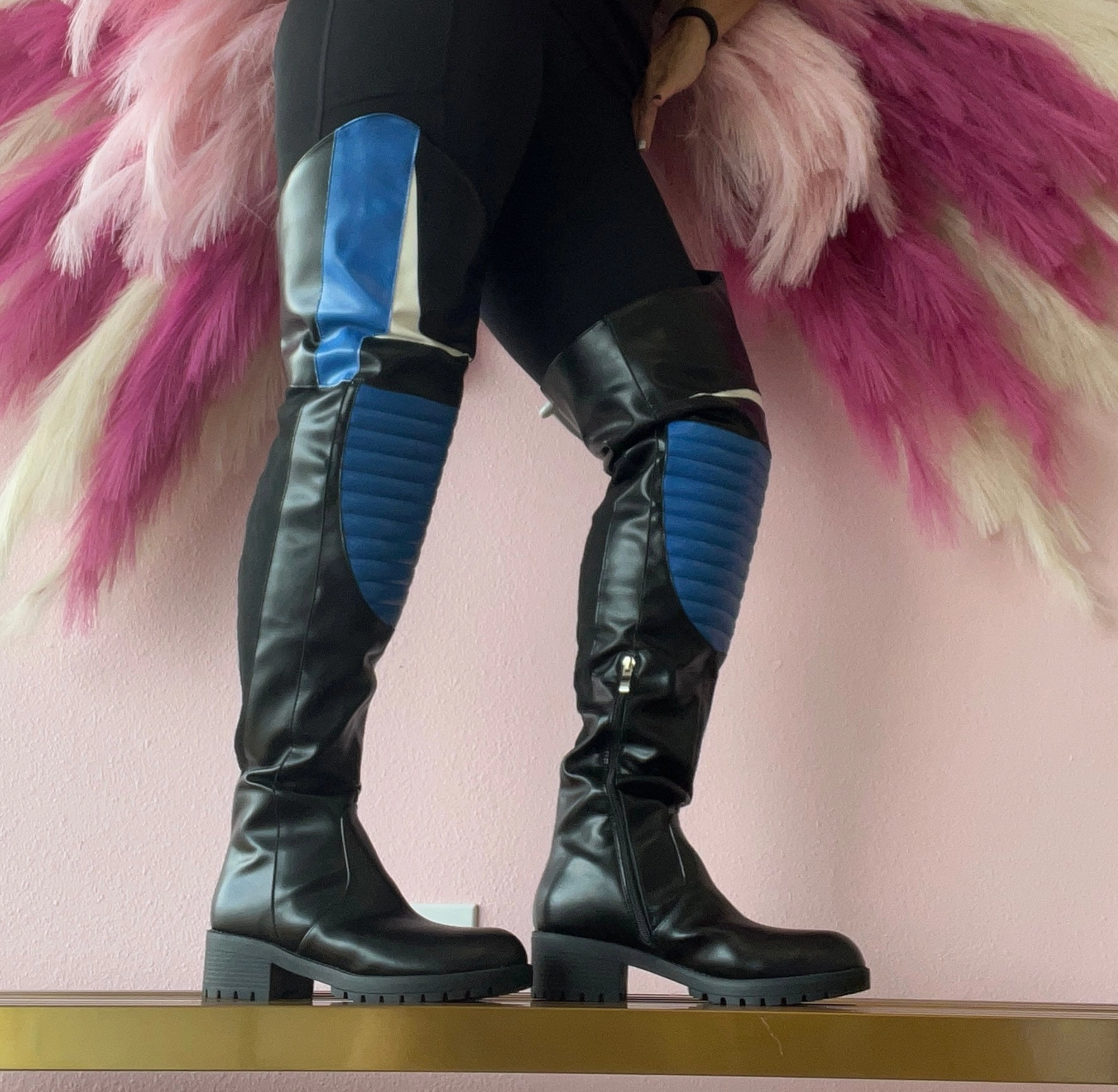 NORRIS-1 Blue/Black Faux Leather Over Knee Moto Boot  - Motorcycle Styling Detail Magalli Knee-high Leather Boots