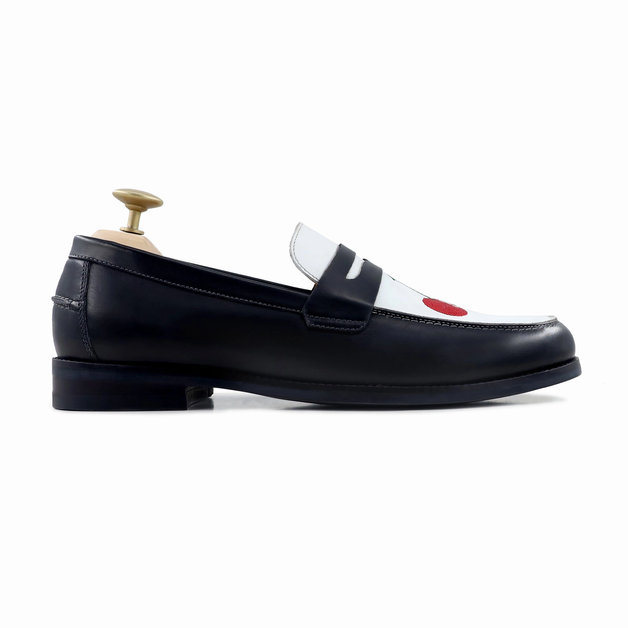 Boulia - Men's Black and White Calf Leather Loafer (Cherry Embroidery) Second Hand Loafers