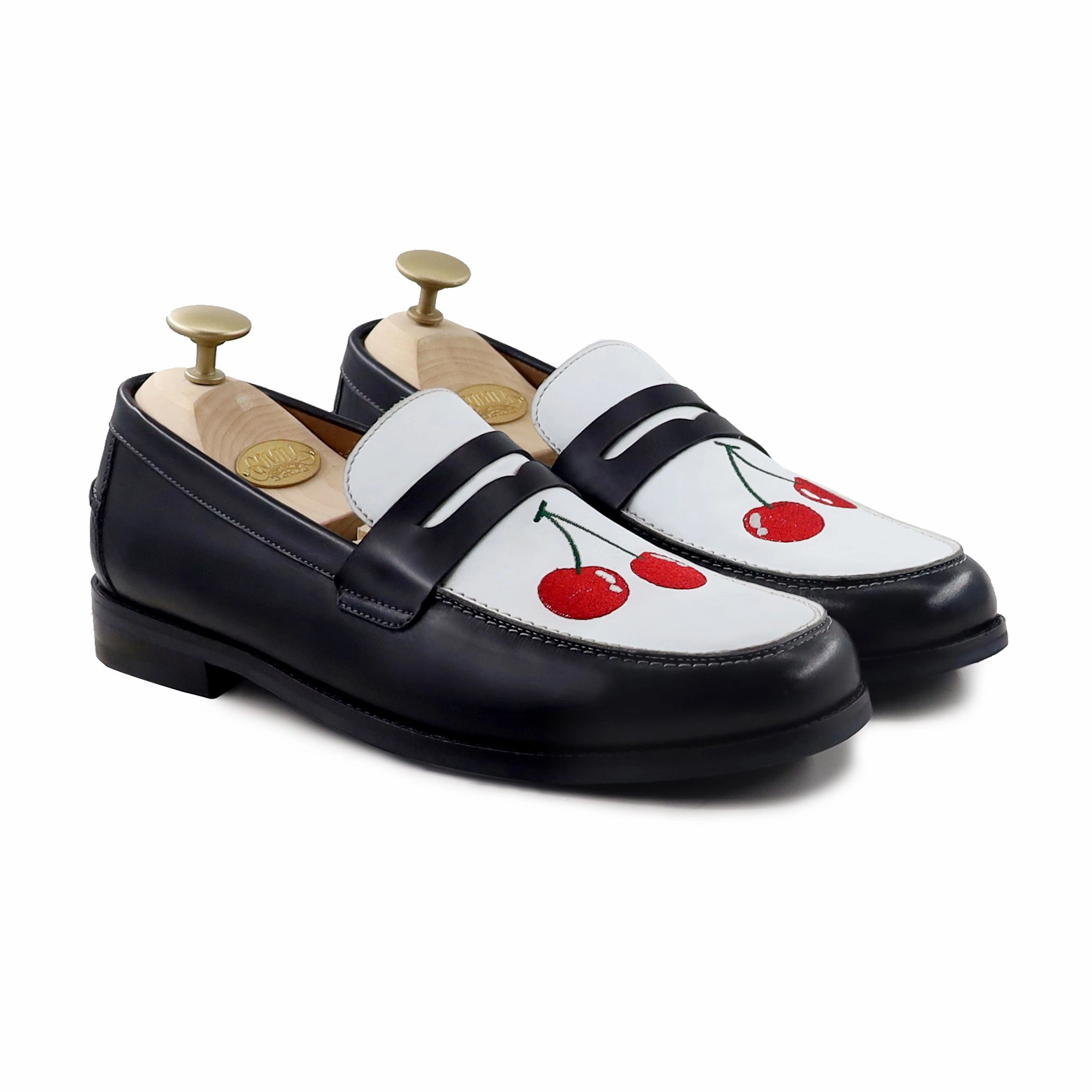 Espadrilles Loafers Boulia - Men's Black and White Calf Leather Loafer (Cherry Embroidery)
