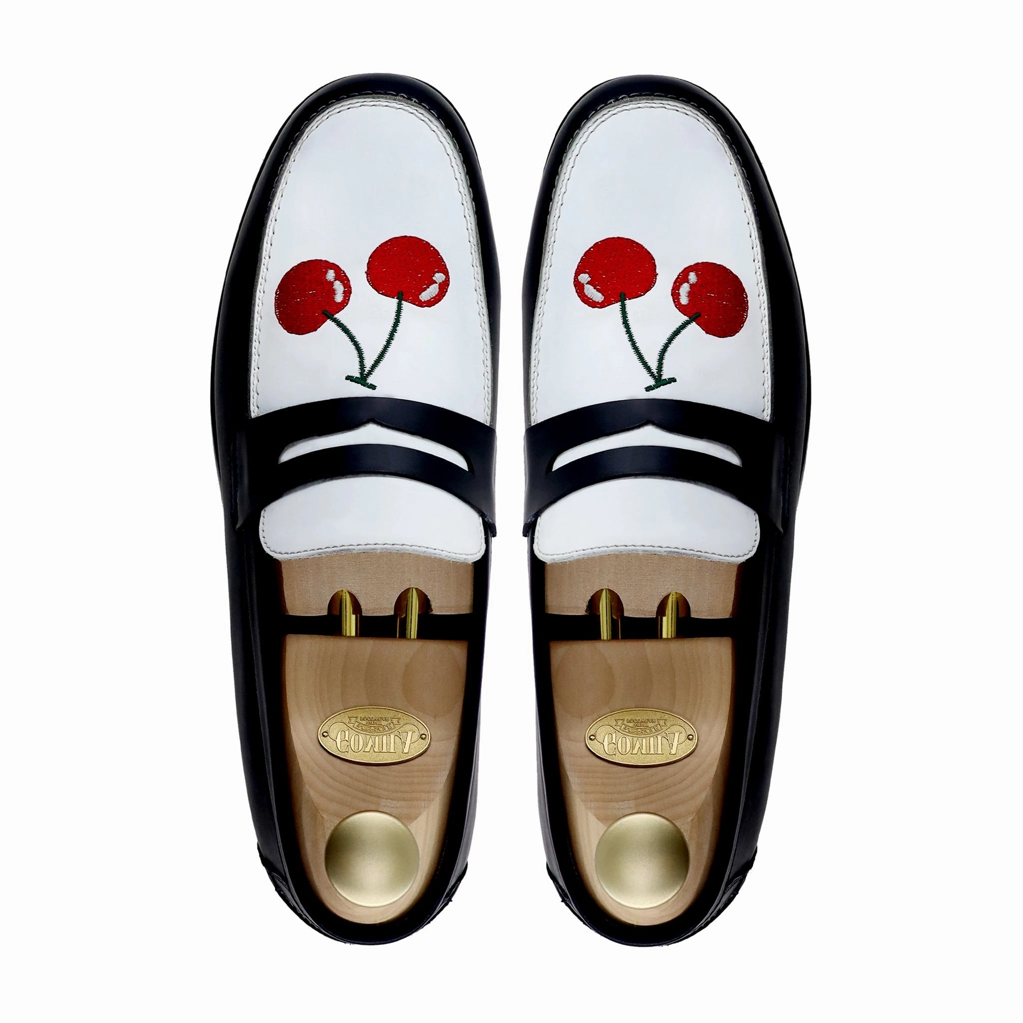 Boulia - Men's Black and White Calf Leather Loafer (Cherry Embroidery) Croco Loafers