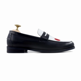 Boulia - Men's Black and White Calf Leather Loafer (Cherry Embroidery) Loafers With Socks And Jeans