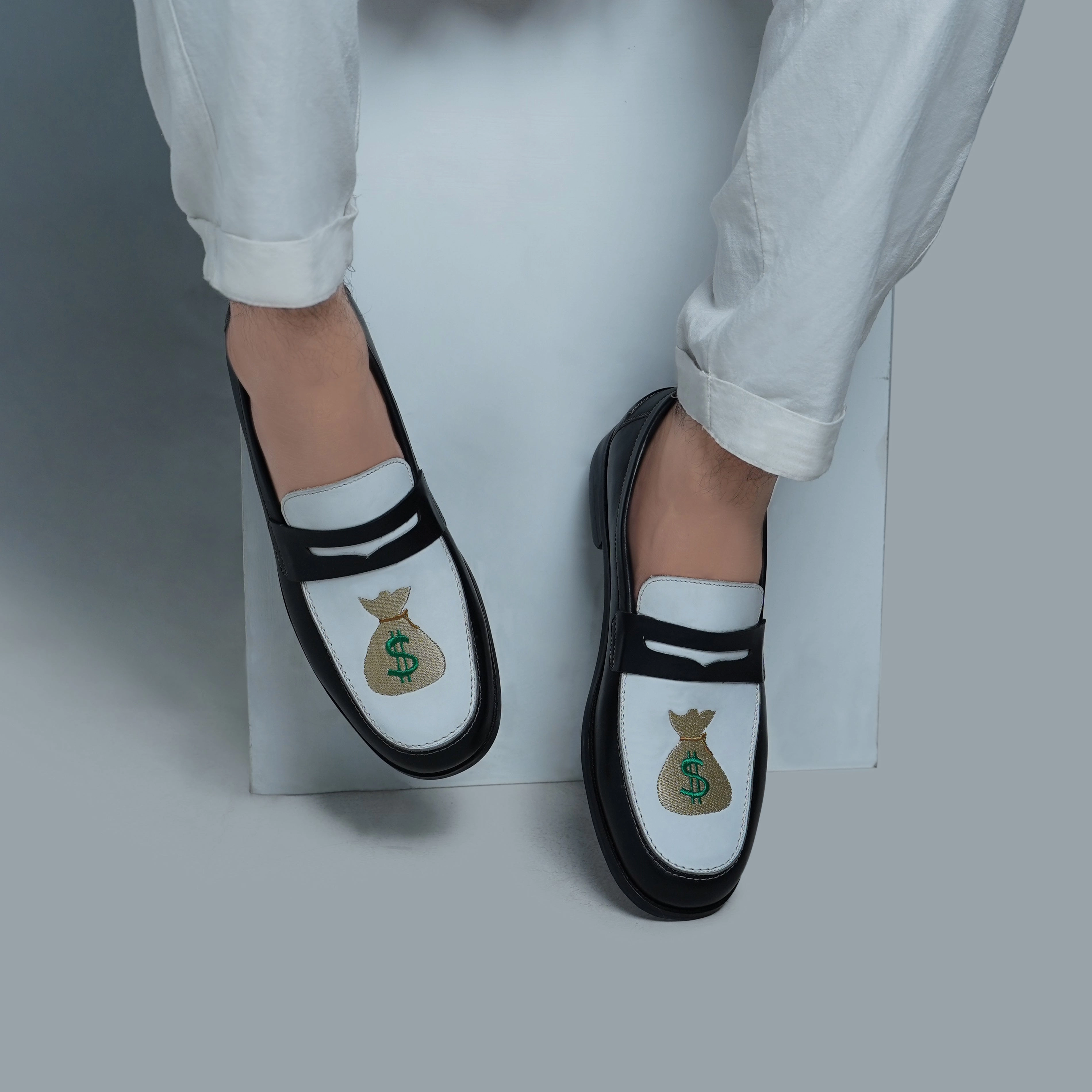 Boulia - Men's Black and White Calf Leather Loafer (Money Bag Embroidery) Casual Slip On Loafers