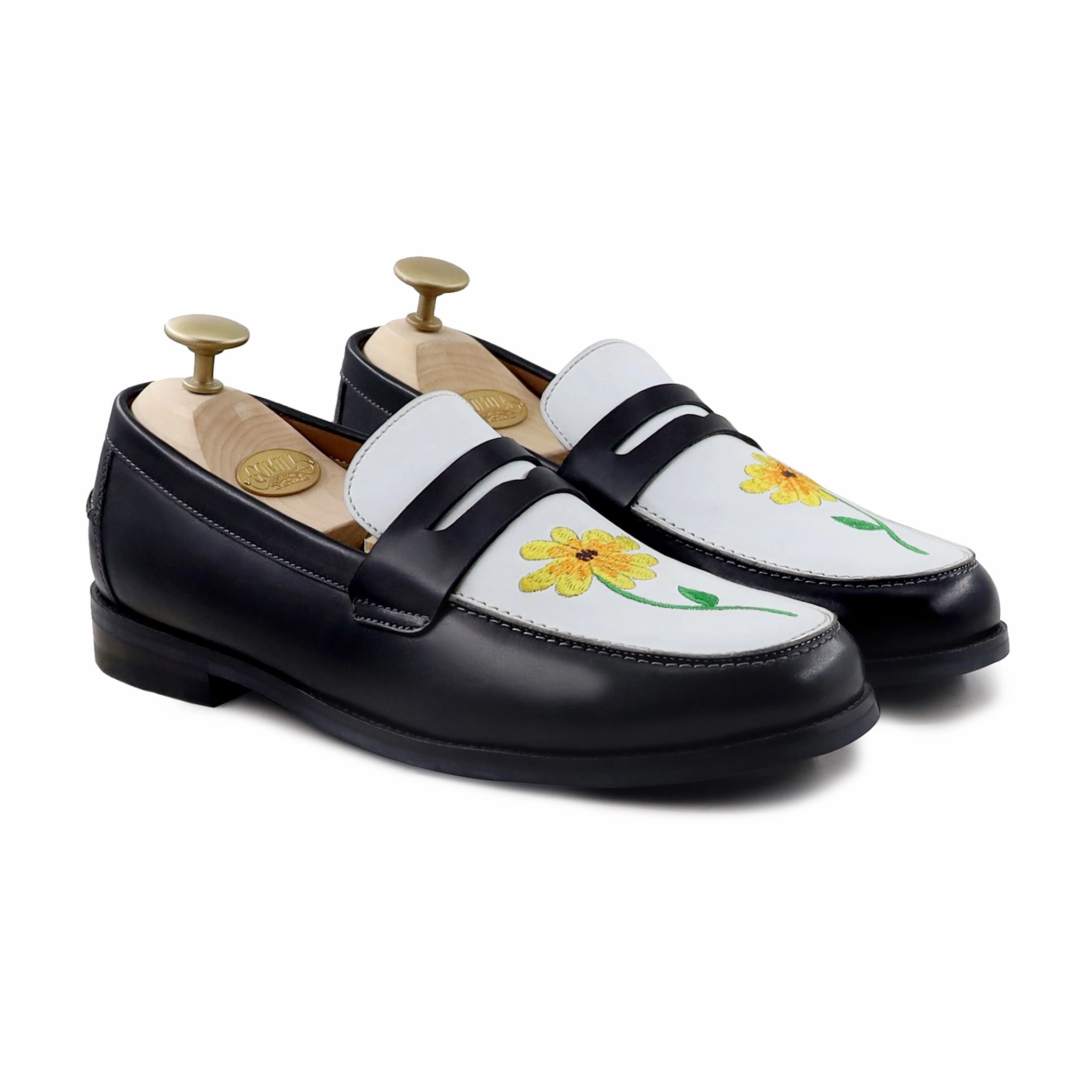 Fall Loafers 2024 Boulia - Men's Black and White Calf Leather Loafer (Sunflower Embroidery)
