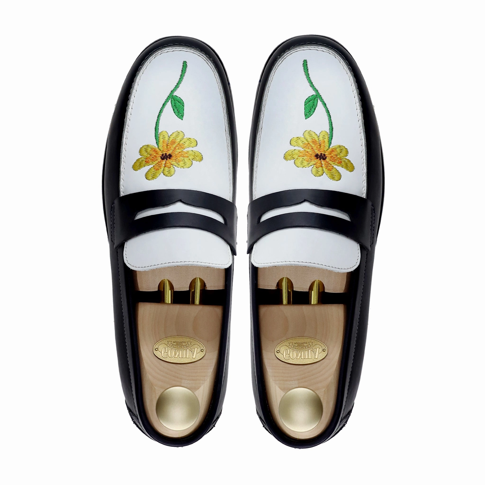 Boulia - Men's Black and White Calf Leather Loafer (Sunflower Embroidery) Loafers Bow