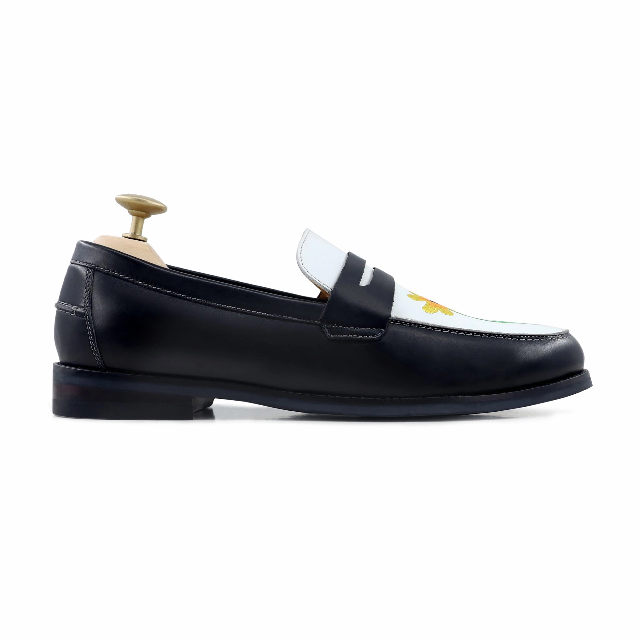 Boulia - Men's Black and White Calf Leather Loafer (Sunflower Embroidery) Suede Loafers For Men