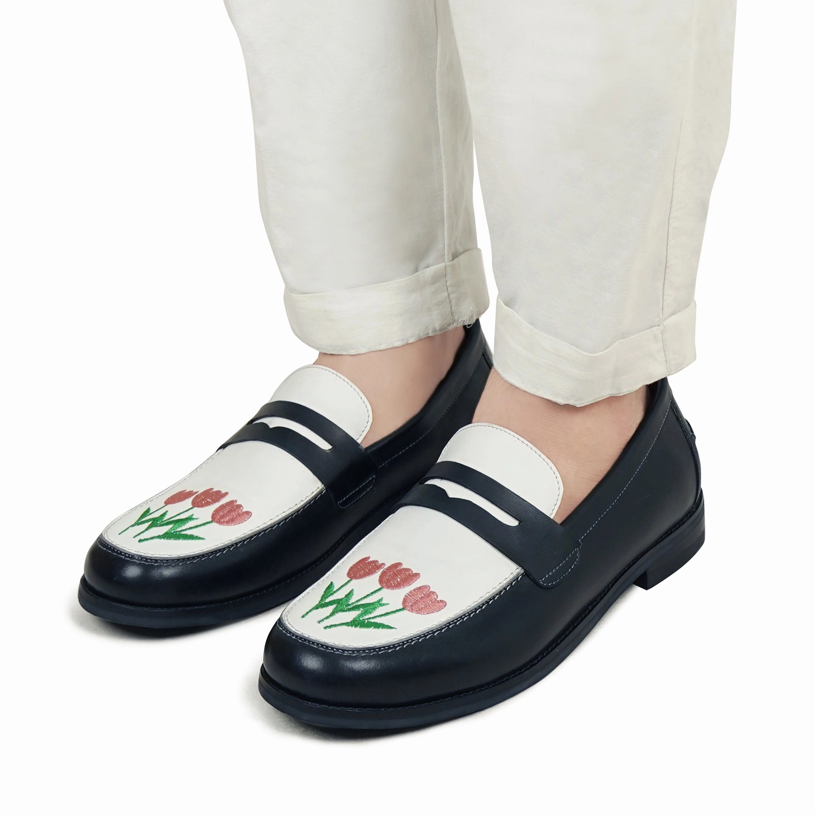 Mansur Loafers Boulia - Men's Black and White Calf Leather Loafer (Tulip Embroidery)