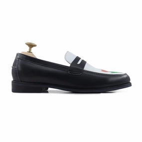 Boulia - Men's Black and White Calf Leather Loafer (Tulip Embroidery) Rugged Penny Loafers